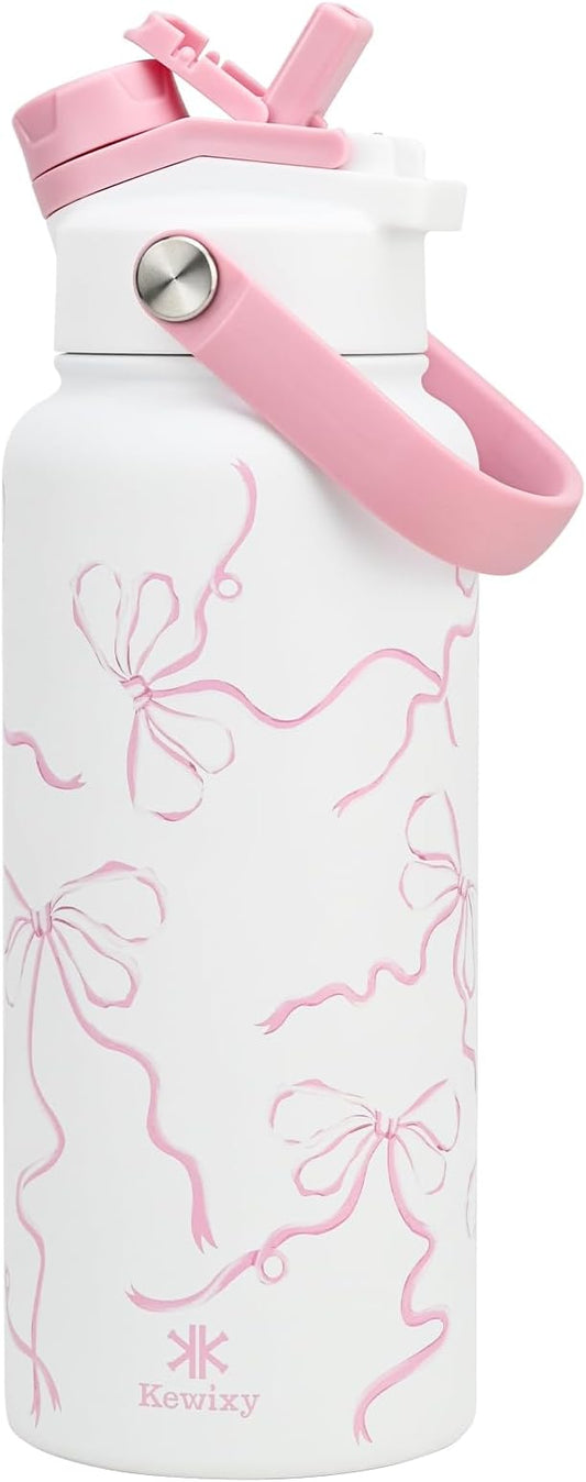 KEWIXY 32 oz Pink Water Bottle, 2-in-1 Lid, Straw & Spout with Protected, Leak Proof, Keep Cold, Stainless Steel, Metal, Reusable, Handle, for Travel, Gym and School, Breeze Pink Bow