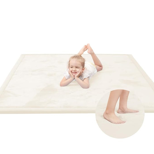 Huloo Sleep Ultra Soft Baby Play Mat for Floor, 1.3" Thick Elasti-Foam 65x50 Play Mat for Playpen,Water-Repellent Coral Velvet for Tummy Time, Non-Slip Backing,Safe for Toddlers & Infants（Cream）
