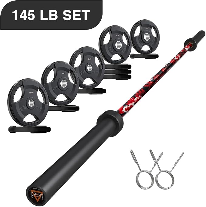 7FT Olympic Barbell Bar with Weight Plate Set Combo, Solid Olympic Bar with Bearings, 700Lbs Capacity Weight Bar for Home Gym Strength Training, Weightlifting, Powerlifting, Fit for 2" Olympic Plates