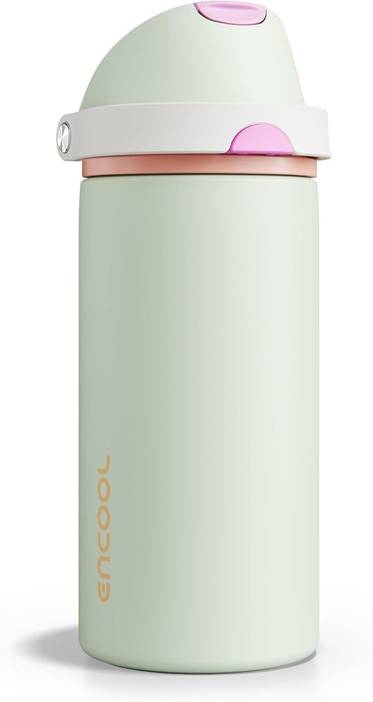 Insulated Water Bottle with Straw - Encool Stainless Steel Water Bottle with Push Button Lid, Leak-Proof & BPA-Free, Keeps Cold for 24 Hours for Sports, Travel, Gym (18 oz, Geyser Green)