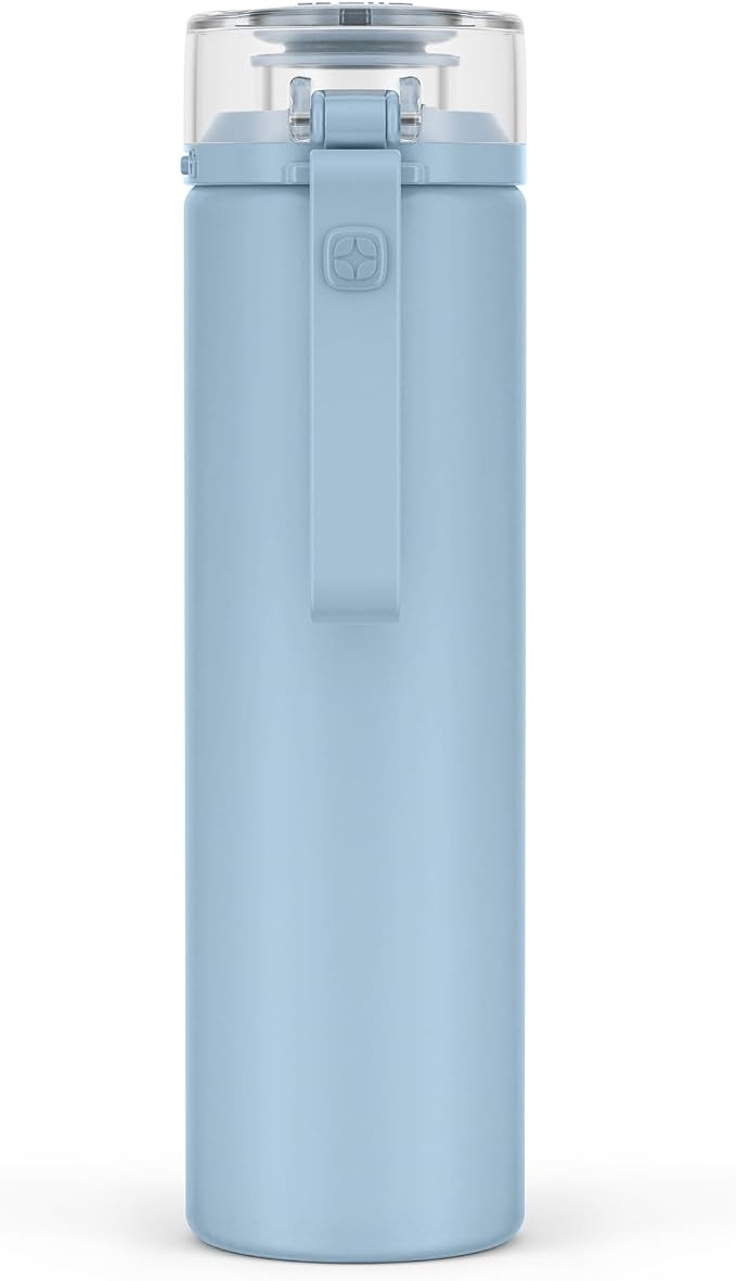 Ello Syndicate 20oz Glass Water Bottle with Flip Lid and Sleeve, Tech Blue | Glass water bottle for iced drinks with leakproof flip lid, silicone sleeve, carry loop, BPA-free, and dishwasher safe