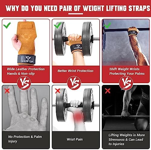 Weight Lifting Wrist Strap, Double-Layer Leather for Deadlift Powerlifting | Gym Strap with Adjustable Neoprene Padded Fit for 6.3–8 Inch Wrist, 8.07-Inch Leather Strap, Gym Workout Lifting Hook (Pair)