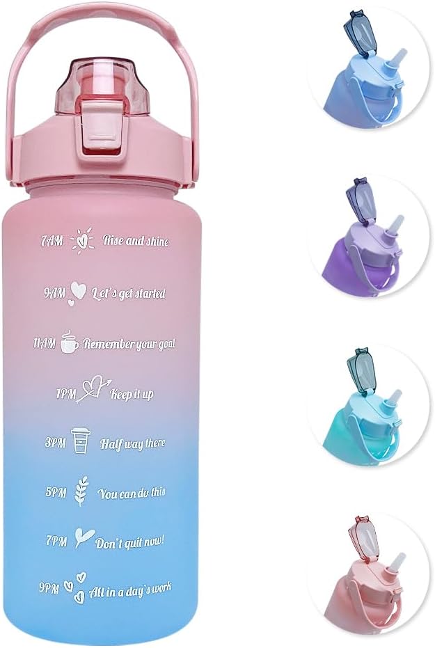 64 oz Large Capacity Water Bottle with Motivational Time Markers and Straw, Portable, Leakproof, BPA Free for Fitness, Gym and Outdoor Sports. (Pink)