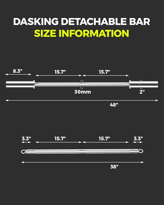 DASKING 4ft/4.9ft Barbell, 2-Inch Olympic Detachable Bar, Portable Strength Training Bar for Weightlifting, Squat, Bench Press, Home Gym, 450LBS, Includes Silent Collars