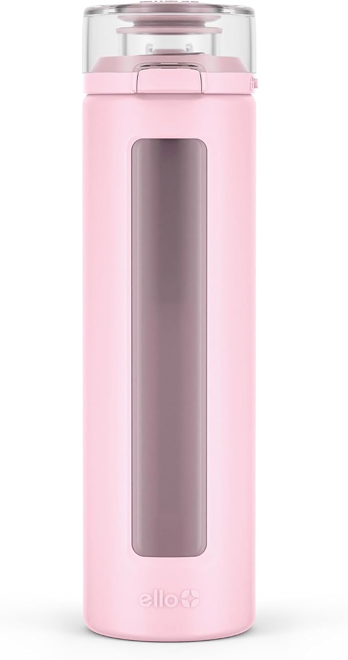 Ello Syndicate 20oz Glass Water Bottle with Flip Lid and Sleeve, Cashmere Pink