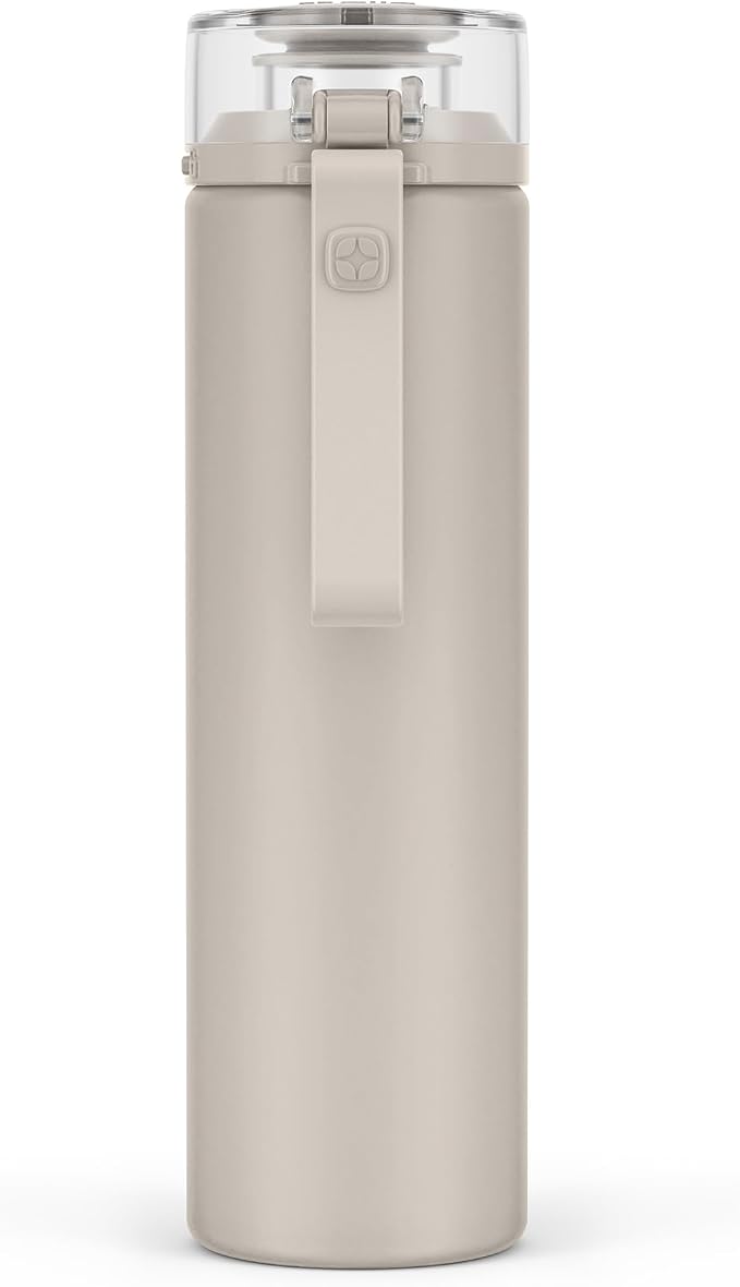 Ello Syndicate 20oz Glass Water Bottle with Flip Lid and Sleeve, Sand | Glass water bottle for iced drinks with leakproof flip lid, silicone sleeve, carry loop, BPA-free, and dishwasher safe