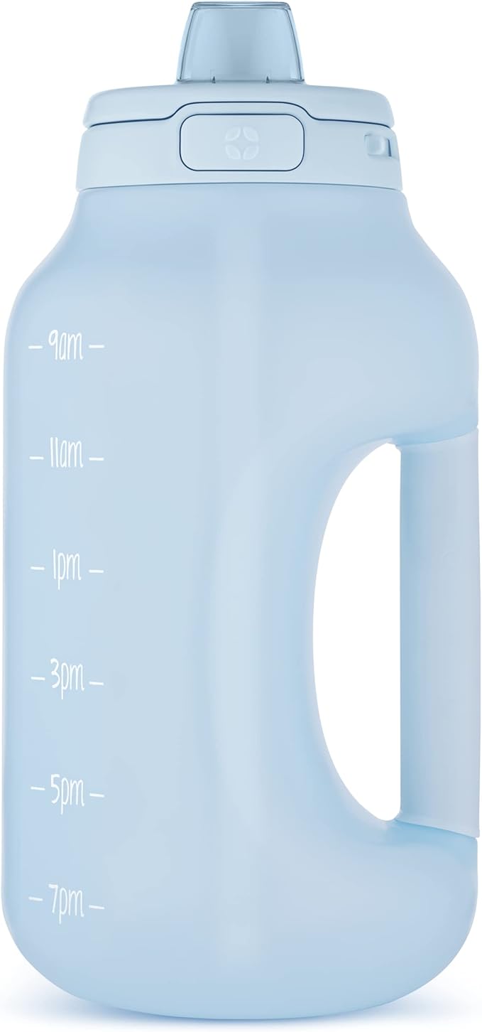 Ello Hydra 64oz Half Gallon Water Jug with Handle and Motivational Time Markers for All Day Hydration, Plastic Reusable Water Bottle with Straw and Locking, Leak Proof Lid, BPA Free, Halogen Blue | Large plastic water bottle jug for all day hydration w...