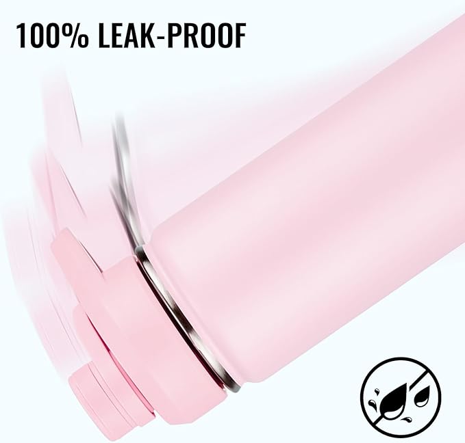 Fijinhom Insulated Water Bottle with Handle, 304 Stainless Steel Water Bottles with Wide Mouth, Double Wall Vacuum Sports Water Bottle, BPA Free, Keep Cold and Hot, 24 Ounces, Pink