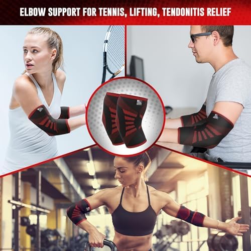 Elbow Compression Sleeves (1 Pair) - Elbow Brace for Tendonitis, Tennis & Golfers Elbow - Weightlifting Support for Men & Women - Pain Relief & Joint Recovery (2, Inferno Red, Small)