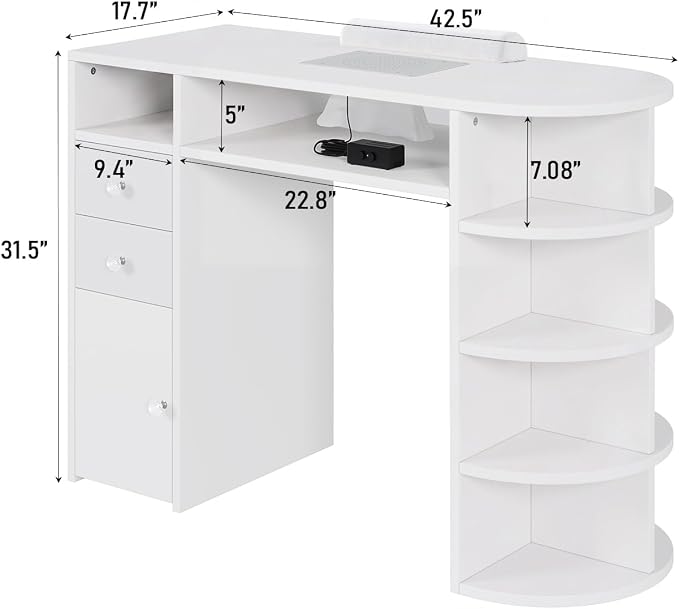 Nail Desk with Dust Collector & Power Outlet, Manicure Table with Display Rack,Professional Salon Station with Drawers and Cabinet,Acetone Resistant Top, Nail Table with Wrist Cushion for Nail Salon