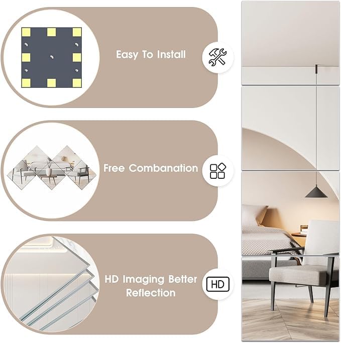 Full Length Wall Mirrors, Home Gym Mirror for Gym, 12Pcs 14"x 12" Glass Mirror Tiles, Self Adhesive HD Glass Full Body Wall Mirrors for Wall Decor, Bedroom, Living Room, Over The Door