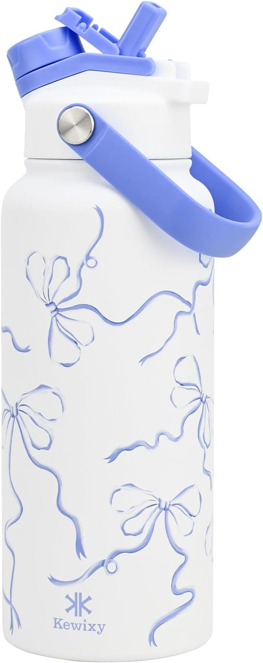 KEWIXY 32 oz Bow Water Bottle, 2-in-1 Lid, Straw & Spout with Protected, Leak Proof, Keep Cold, Stainless Steel, Metal, Reusable, Handle, for Travel, Gym and School, Breeze Blue Bow
