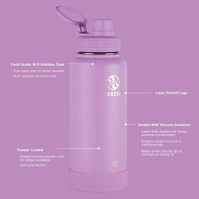 Takeya Actives Stainless Steel Water Bottle, Insulated Spout Lid, Keeps Drinks Cold 24 Hrs, Leakproof, Durable, Dishwasher Safe, Ideal for Gym, Travel, Fits Most Cup Holders, 24 oz/Lilac