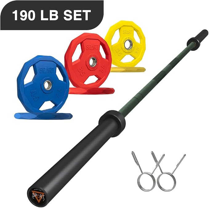 7FT Olympic Barbell Bar with Weight Plate Set Combo, Solid Olympic Bar with Bearings, 700Lbs Capacity Weight Bar for Home Gym Strength Training, Weightlifting, Powerlifting, Fit for 2" Olympic Plates