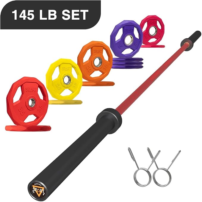 7FT Olympic Barbell Bar with Weight Plate Set Combo, Solid Olympic Bar with Bearings, 700Lbs Capacity Weight Bar for Home Gym Strength Training, Weightlifting, Powerlifting, Fit for 2" Olympic Plates