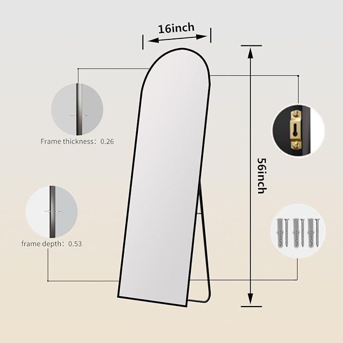 Arched Full Length Mirror 56"x15" Gold | Aluminum Frame Shatterproof Glass, Freestanding Leaning Wall Mounted Mirror for Bedroom Living Room Entryway, Modern