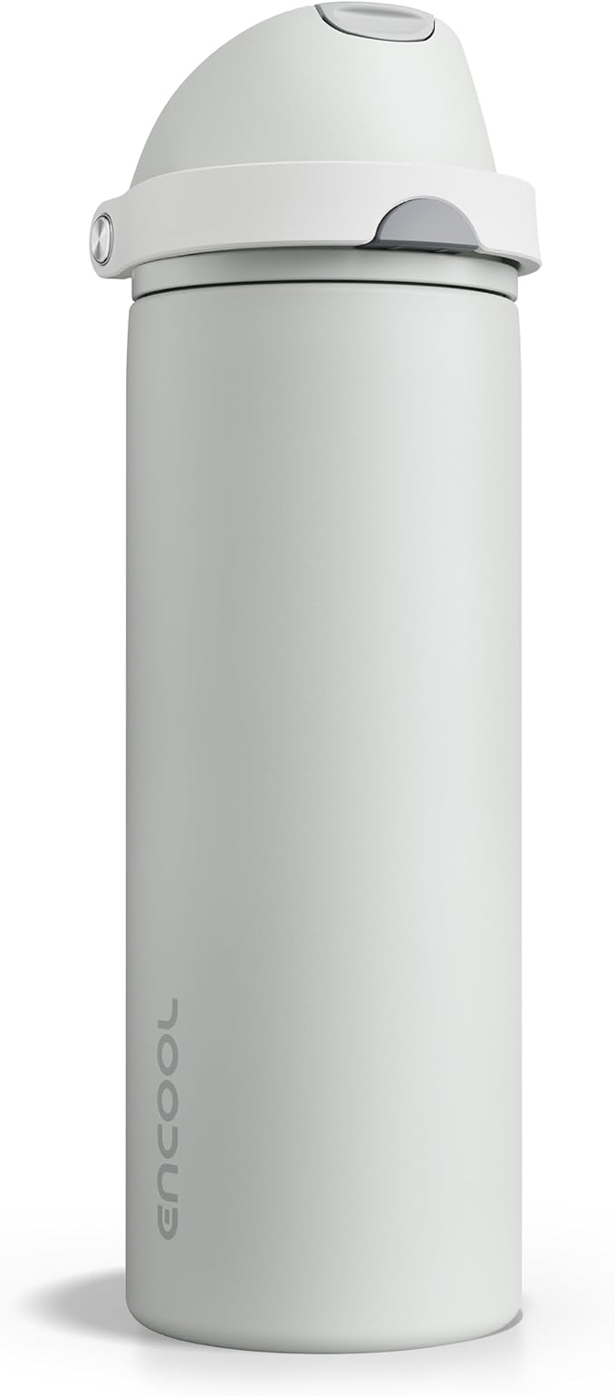 Insulated Water Bottle with Straw - Encool Stainless Steel Water Bottle with Push Button Lid, Leak-Proof & BPA-Free, Keeps Cold for 24 Hours for Sports, Travel, Gym (24 oz, Silver Grey)