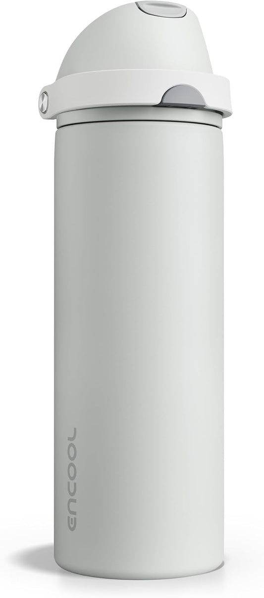 Insulated Water Bottle with Straw - Encool Stainless Steel Water Bottle with Push Button Lid, Leak-Proof & BPA-Free, Keeps Cold for 24 Hours for Sports, Travel, Gym (24 oz, Silver Grey)