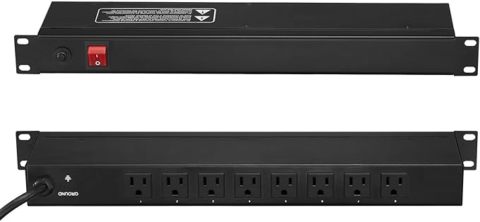 VEVOR 8 Outlet Horizontal 1U Rack Mount PDU Power Strip for Network Server Racks, Surge Protection & Overload Protection, 110-125V/15A, with 6ft 14AWG Power Cord