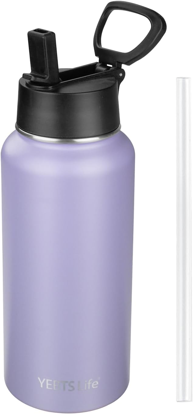Insulated Water Bottle With Straw,32 oz Vacuum Insulated Stainless Steel Sports Water Flask,Keeps Cold and Hot,Metal Water Bottle Wide Mouth for Gym Travel Camping (Pale purple)