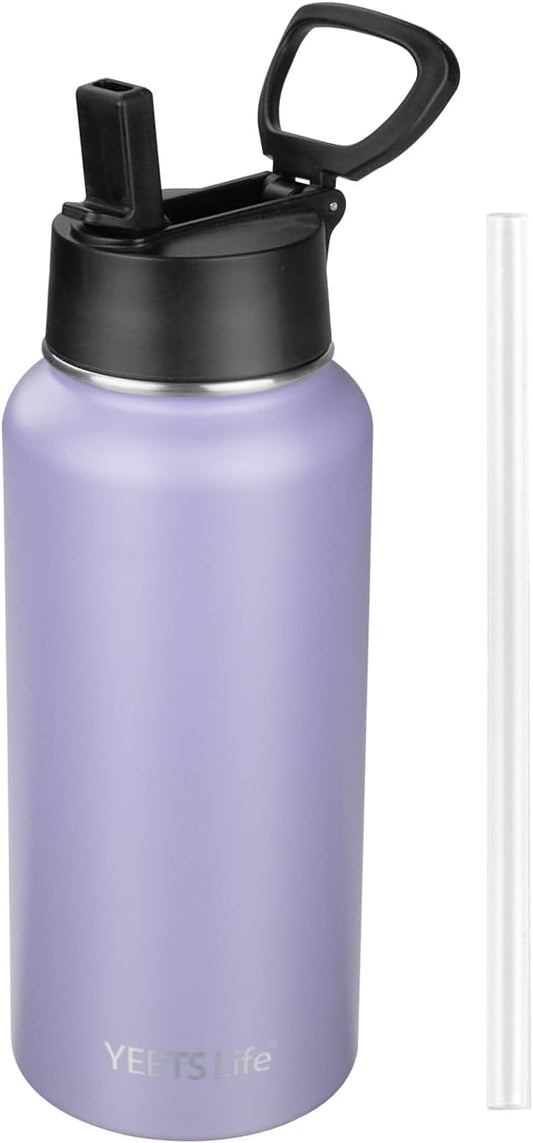 Insulated Water Bottle With Straw,32 oz Vacuum Insulated Stainless Steel Sports Water Flask,Keeps Cold and Hot,Metal Water Bottle Wide Mouth for Gym Travel Camping (Pale purple)
