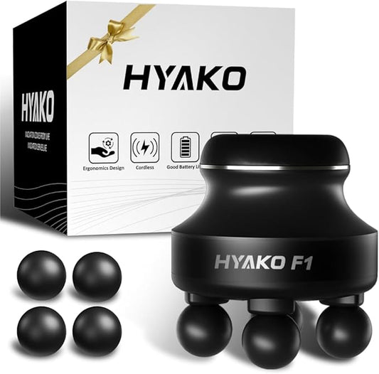 HYAKO F1 Handheld Deep Tissue Massager | Muscle Pain Relief,5 Speed 4 Heads | Portable Orbital Professional Muscle Massager Tool for Easing Shoulder and Back Tension and for Myofascial Release