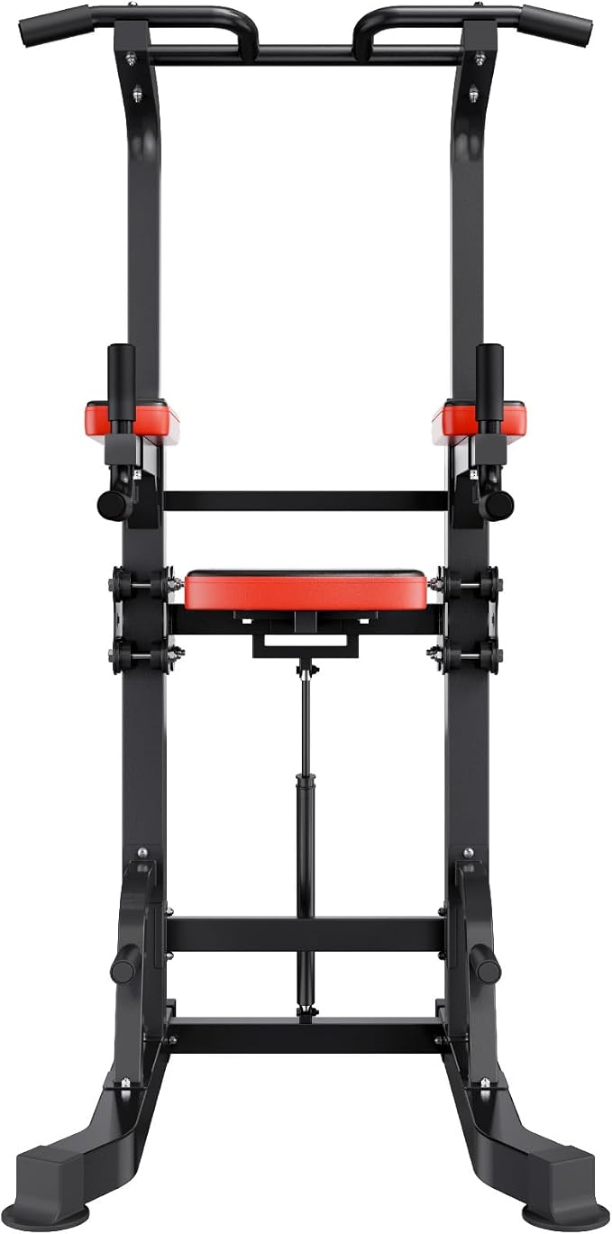 VEVOR Pull Up Bar, 330 LBS Power Tower Dip Station, Workout Dip Station with H-Shaped Stable Base & Assistance Platform, Adjustable 9 Level Height Pullup Stand for Back, 3-Level Adjustable Elbow Pads