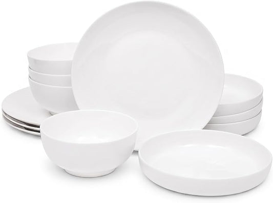12-Piece New Bone China Dinnerware Set for 4, Lightweight White Plates & Bowls, Stackable, Microwave & Dishwasher Safe, 10" Dinner Plates, 8" Pasta Bowls & 6" Everyday Bowls