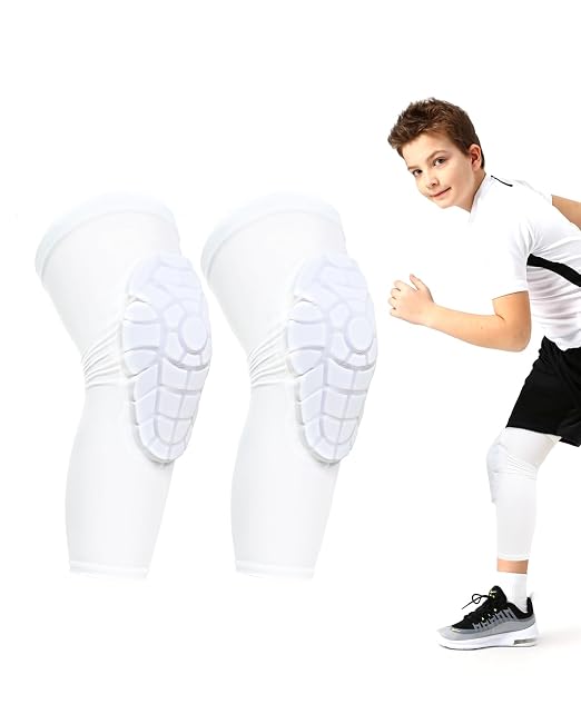 AceList Kids Knee Pads for Youth Ages 4-15, Honeycomb Padded Knee Sleeves for Basketball Baseball Football Volleyball Wrestling Cycling, Anti-Slip Stay-Up Protective Gear, 1 Pair (Size XL White)