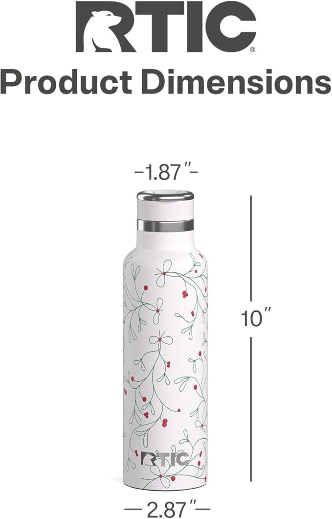 RTIC 20oz Journey Water Bottle Ceramic Lined Metal Stainless Steel Vacuum Insulated, BPA Free, Reusable, for Water, Hot and Cold Drinks, Travel, Sports, Camping, Mistletoe