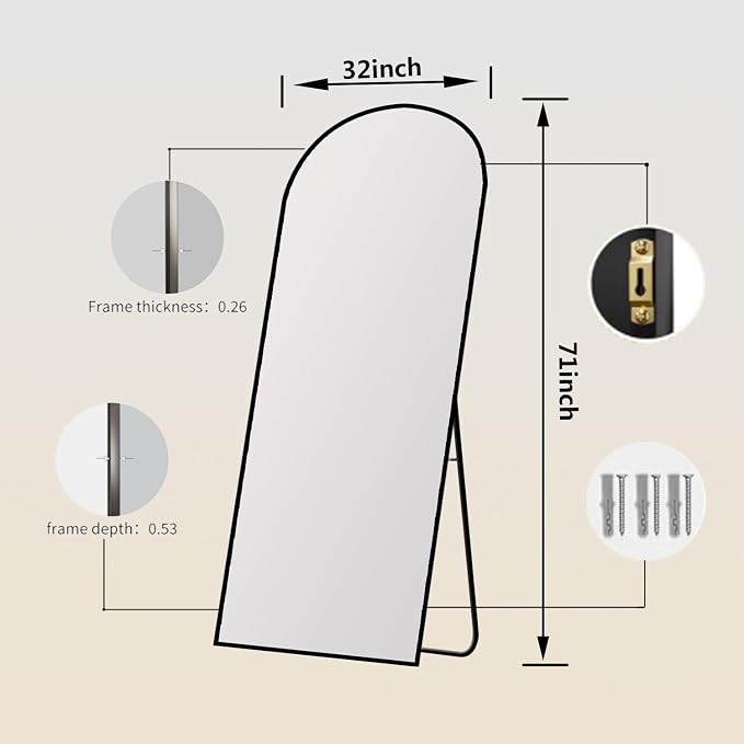 Arched Full Length Mirror 71"x32" Gold | Aluminum Frame Shatterproof Glass, Freestanding Leaning Wall Mounted Mirror for Bedroom Living Room Entryway, Modern