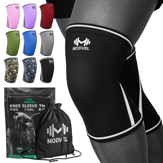 Modvel 7mm Neoprene Knee Sleeves for Men & Women Weightlifting & Powerlifting – Compression Knee Sleeve Support for Squats, Gym, Training – USPA, IPL Approved – X-Large Black/white (Pair)