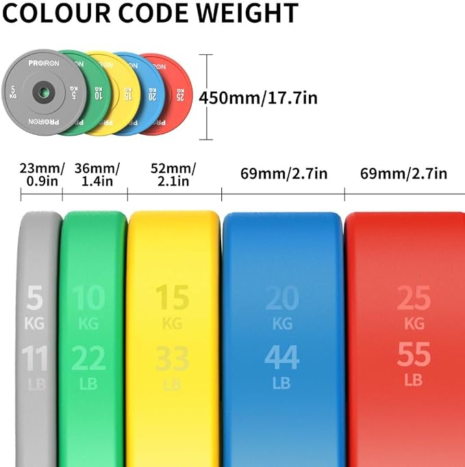 PROIRON Olympic Rubber Bumper Plates,Floor Protective Weight Plates,2" Solid Weight Plates for Barbell Strength Training and Weight Lifting,Less Impact, Absorb Bounce & Shock,5KG(11LB)/10KG(22LB)/15KG(33LB)/20KG(44LB),Single or Pair