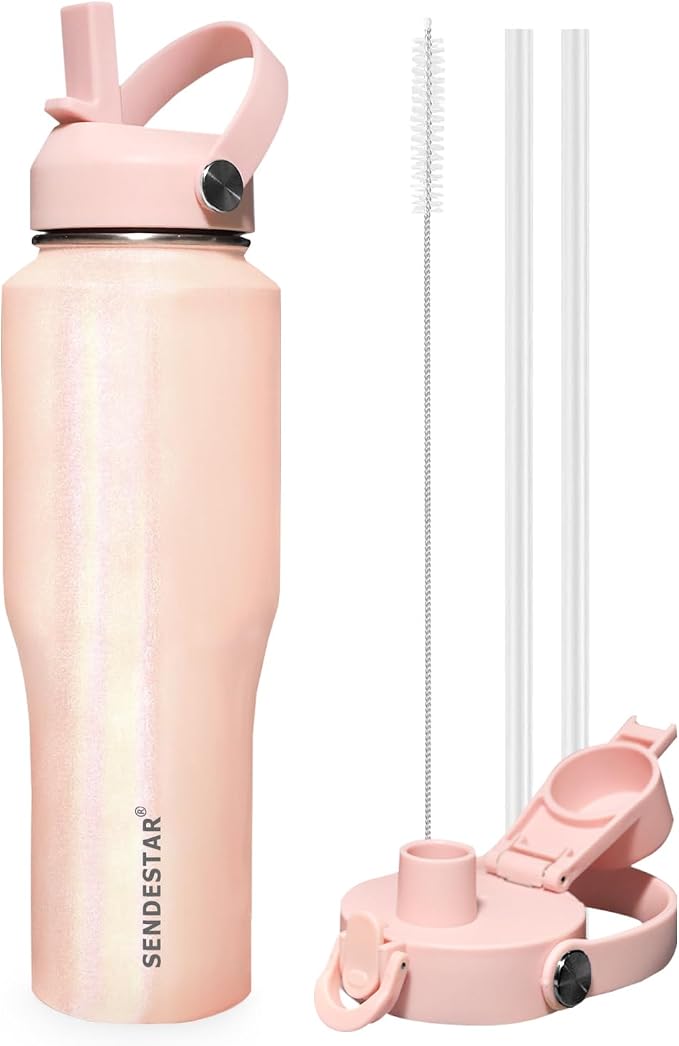 SENDESTAR 40oz Stainless Steel Water Bottle(Cold for 48 Hrs, Hot for 24 Hrs),Double Wall Vacuum Insulated Bottle with Straw Lid, Spout Lid and Flex Cap, Fit in Any Car Cup Holder