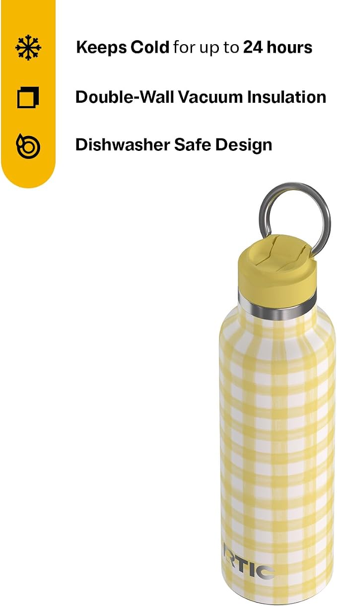 RTIC 20oz Journey Water Bottle Ceramic Lined Metal Stainless Steel Vacuum Insulated, BPA Free, Reusable, for Water, Hot and Cold Drinks, Travel, Sports, Camping, Sunlight Gingham