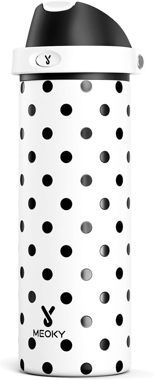 24 oz Insulated Water Bottle with Straw: Meoky Stainless Steel Metal Water Bottle with 2-in-1 Lid - Leak Proof, Cold for 24 Hours, Fits in Car Cup Holder, BPA-Free for Sports Travel Car, Polka Dot