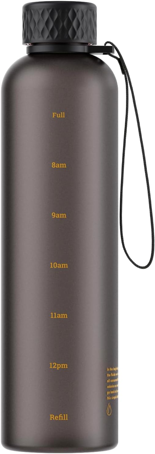 Sursip Slim Water Bottle 32 oz, Leakproof with Time Marker and Strap | Lightweight, BPA-free reusable plastic bottle fits cup holders and is dishwasher safe for gym, school, sports and travel.