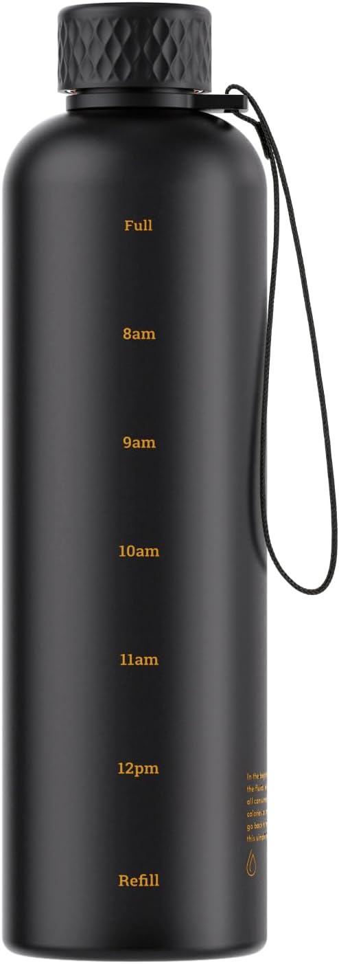 Sursip Slim Water Bottle 42 oz, Leakproof with Time Marker and Strap | Lightweight, BPA-free reusable plastic bottle fits cup holders and is dishwasher safe for gym, school, sports and travel.
