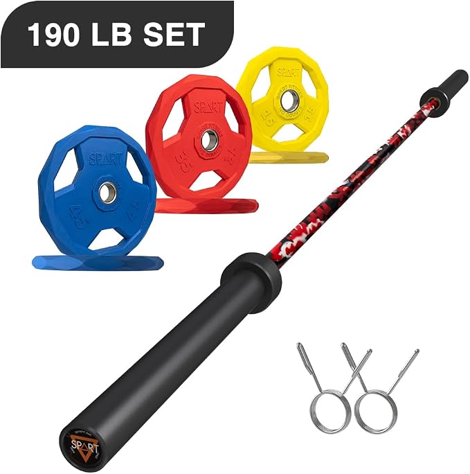 7FT Olympic Barbell Bar with Weight Plate Set Combo, Solid Olympic Bar with Bearings, 700Lbs Capacity Weight Bar for Home Gym Strength Training, Weightlifting, Powerlifting, Fit for 2" Olympic Plates