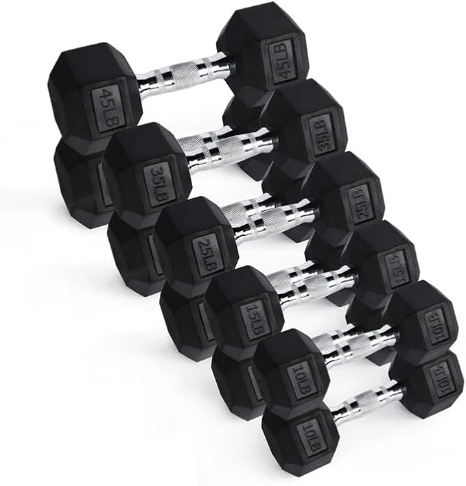 RitFit Rubber Hex Dumbbell Set with Storage Weight Rack | Rubber Heavy-Duty Coated Cast Iron, Knurled Chrome Handle, Space-Saving Storage for Home Gym Strength Training