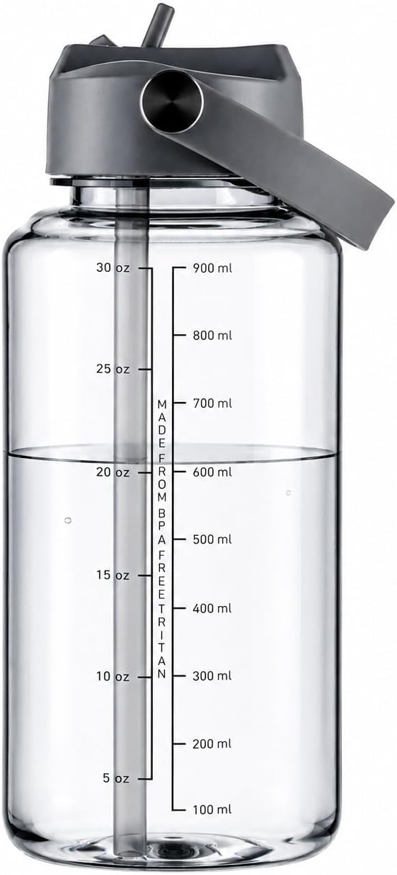 OLDLEY 32oz Water Bottle with Straw,Leakproof Tritan Clear Bottle with Marked Bottle and Carry Handle, BPA-Free Wide Mouth Reusable Sports Water Bottle for Gym,Hiking, Camping,Travel, Workout,Grey