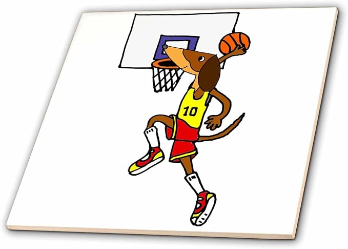 3dRose Funny Dachshund Dog Playing Basketball slam Dunking Ball 12 Inch Ceramic Tile