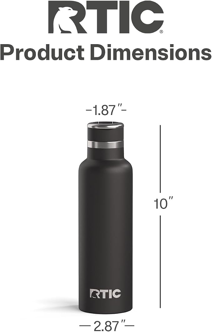 RTIC 20oz Journey Water Bottle, Ceramic Lined, Black | Stainless Steel Metal, Insulated for Hot and Cold Drinks, Sports, Travel and Camping