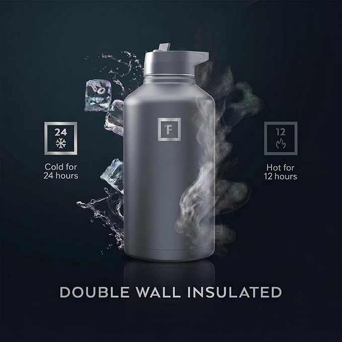 IRON °FLASK 64 oz Wide Mouth Water Bottle with Straw | Insulated Half Gallon Water Bottle with Leakproof Straw Lid - BPA Free, Cold 24 Hrs, Sweat Free (Graphite)