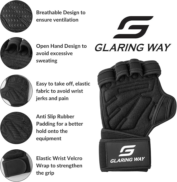 Gym Workout Gloves for Women and Men | Silicone grip fingerless, open back vents, neoprene, non-slip, palm, thumb protection for cross training, pull ups, cycling