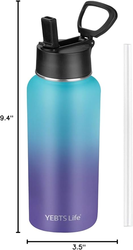 Insulated Water Bottle With Straw, 32 oz Vacuum Insulated Stainless Steel Sports Water Flask, Keeps Cold and Hot, Metal Water Bottle Wide Mouth for Gym Travel Camping (Blue & Purple)
