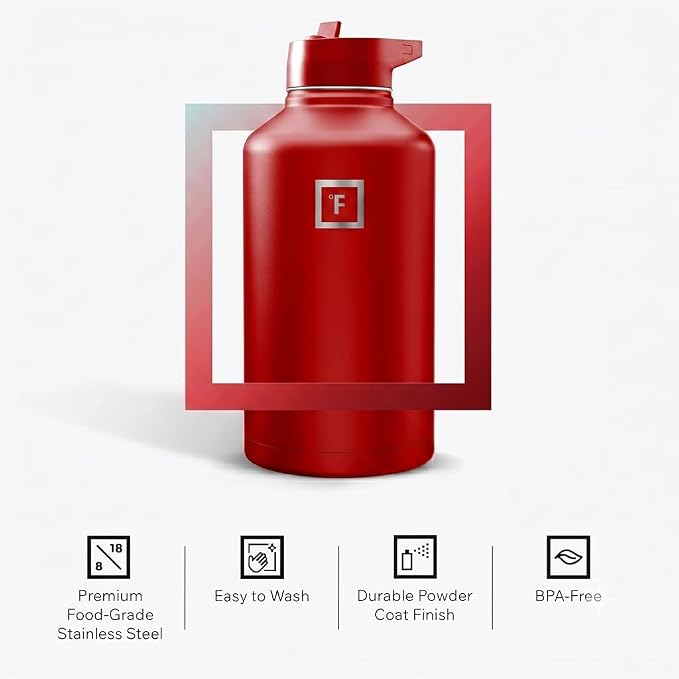 IRON °FLASK 64 oz Wide Mouth Water Bottle with Straw | Insulated Half Gallon Water Bottle with Leakproof Straw Lid - BPA Free, Cold 24 Hrs, Sweat Free (Fire Red)