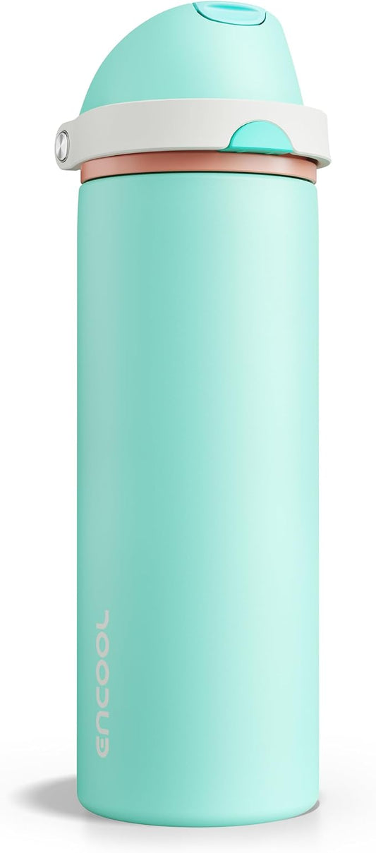 Insulated Water Bottle with Straw - Encool Stainless Steel Water Bottle with Push Button Lid, Leak-Proof & BPA-Free, Keeps Cold for 24 Hours for Sports, Travel, Gym (24 oz, Turquoise)