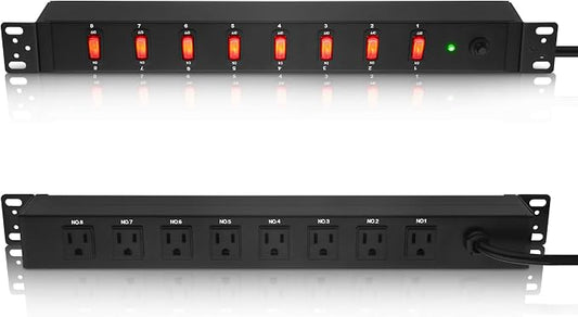 JUNNUJ PDU Rack Mount Power Strip, Heavy Duty 12 Gauge Cord, 4FT, 1 | 8 Outlets Individual Switches, Metal, Server Mountable Surge Protector.