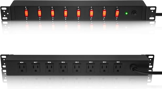 JUNNUJ PDU Rack Mount Power Strip, Heavy Duty 12 Gauge Cord, 15FT, 1 | 8 Outlets Individual Switches, Metal, Server Mountable Surge Protector.